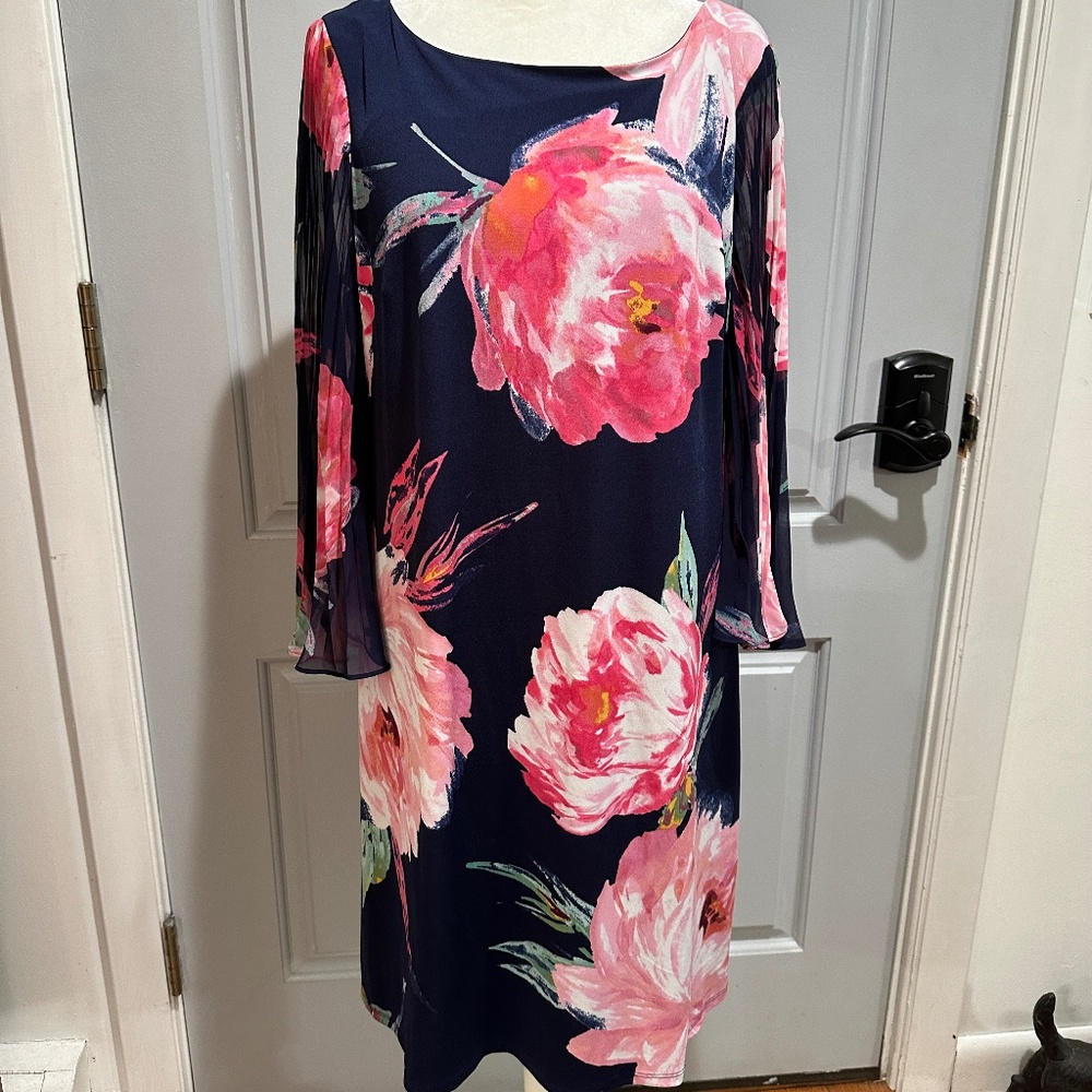 Eliza J lined knee length floral dess navy blue pink flowers size 10
